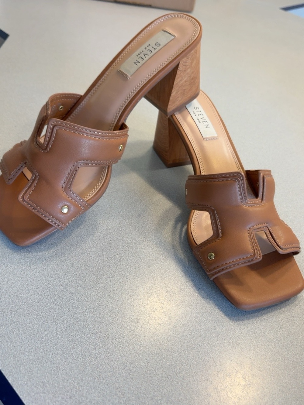 Steven by Steve Madden Brown Leather Slide Sandals Chunky Block Heel size 7.5